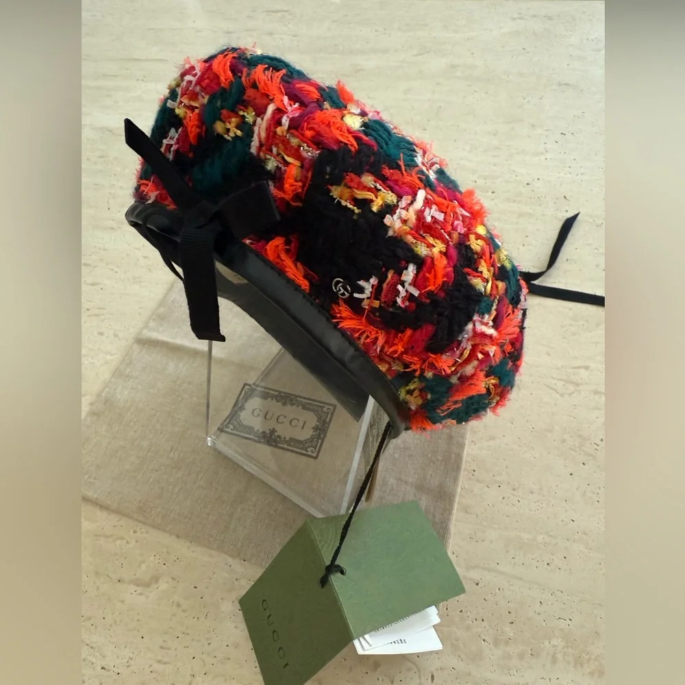 NWT GUCCI LAME BERET CAP Check Lame Sz S Multicolour Orange Tweed
